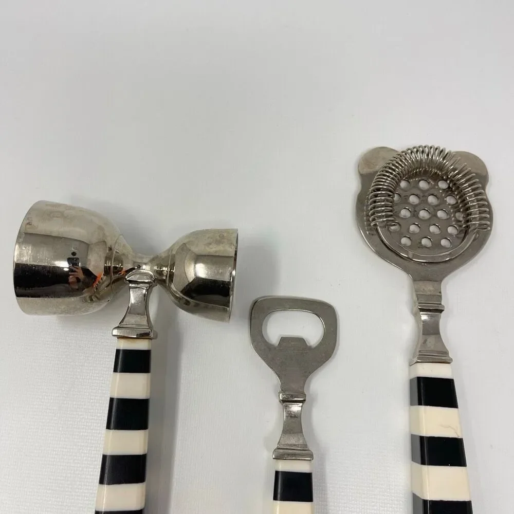 Darren Ransdell Set of 3 Metal Bar Tools Black White Stripe Plastic Handles
